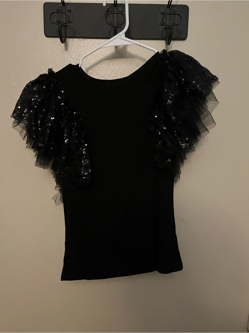 Black Sequin Tulle Sleeve Short-Sleeve Top Runway Paris
